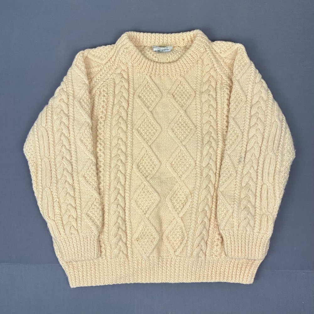 VTG Ireland Wool Cream Hand Knit Fisherman Sweater Mens Large Donegal Collection